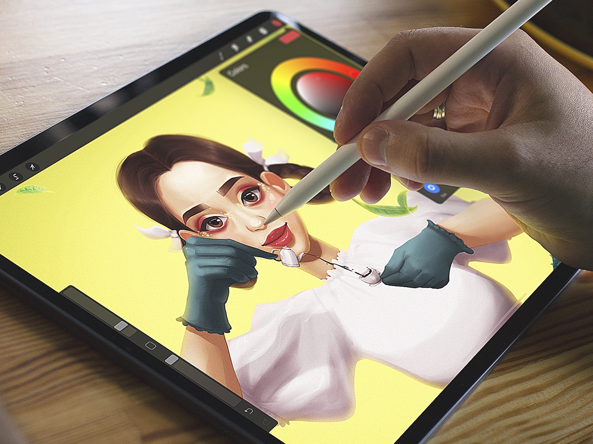 A hand designing a life-like painting of a human on a tablet